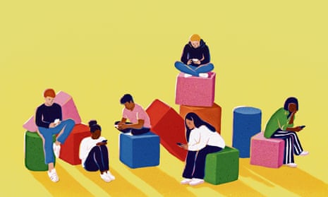 Illustration of young people sitting on cube-shaped stools, looking at their phones