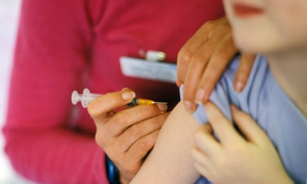 A child about to be given the MMR (mumps, measles, rubella) vaccination