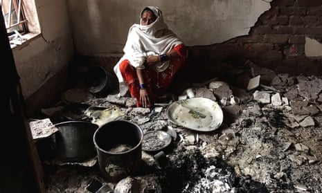 Jamila Khatoon, a 55-year-old Muslim woman at her house in Telinipara, two days after it was violently attacked by a Hindu mob. The attackers threw Molotov cocktails to set it on fire and used a gas cylinder to trigger a big explosion.