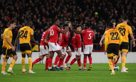 Nottingham Forest’s Willy Boly (fourth left) celebrates scoring the opening goal.