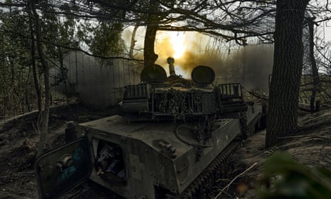 A Ukrainian self-propelled artillery system fires towards Russian positions at the frontline near Bakhmut, Donetsk region