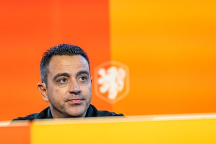 Xavi Hernández, the head coach of the Netherlands national football team, speaks at a press conference at the KNVB Campus.