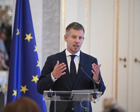 Hungarian prime minister Péter Magyar (L) and acting president Ágnes Forsthoffer hold a joint press conference at the Sandor Palace in Budapest, Hungary.