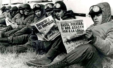 Argentinian soldiers read newspapers in Port Stanley during the war for the Falklands, or Malvinas, in 1982.