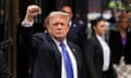 Donald Trump holds up a fist after returning to Trump Tower following his conviction on 30 May 2024.