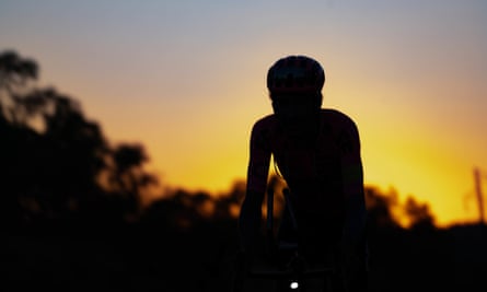 The silhouette of Morton riding