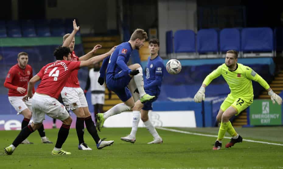 Timo Werner scores against Morecambe.