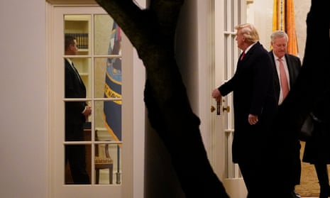 Donald Trump and his White House chief of staff, Mark Meadows, leave the Oval Office on 4 January.