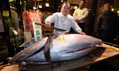 Sushi restaurateur Kiyoshi Kimura displays a 190kg bluefin tuna at his restaurant near Tokyo’s Tsukiji fish market