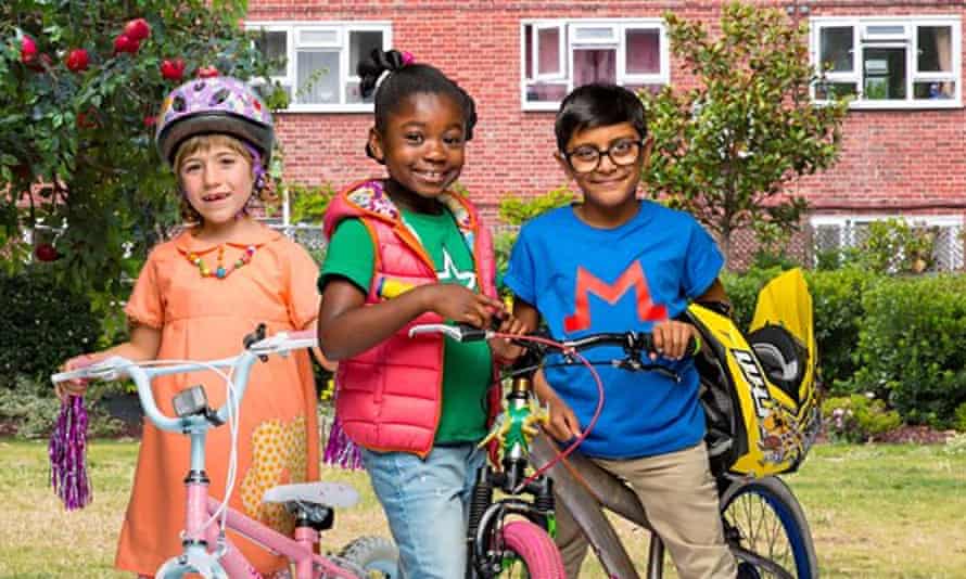 Still from the TV show Apple Tree House, showing three kids with bikes