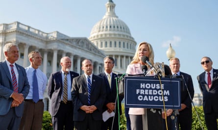 How McCarthy Speaker Deals Will Cause 'Cannibalistic Fights Between Extremists' | Kevin McCarthy 2 Marjorie Taylor Green speaks at a House Freedom Caucus press conference in September 2022.