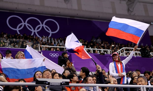 Fans wave Russian flags at the Pyeongchang 2018 Winter Olympic Games.