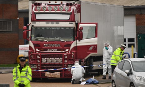 Police attend the scene in Essex in October 2019 after the bodies of 39 Vietnamese migrants were found inside a lorry. 