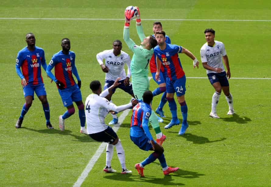 Jack Butland makes a catch for Crystal Palace against Everton in May