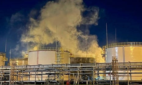 Smoke from a fire at an oil refinery in Russia’s southern Krasnodar region on Thursday