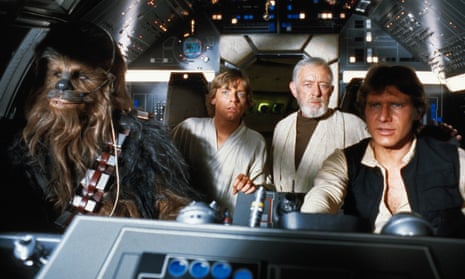 Peter Mayhew, Mark Hamill, Alec Guinness &amp; Harrison Ford Film in Star Wars (1977)