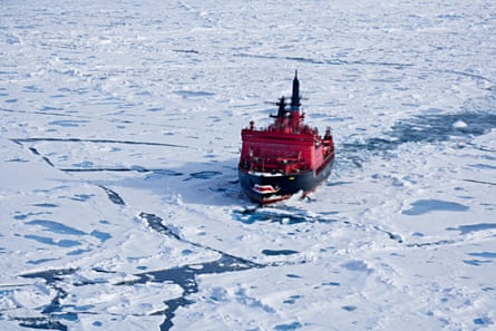 Aerial view of the Russian nuclear icebreaker Yamal breaking through sea ice
