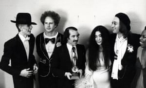 From left: David Bowie, Art Garfunkel, Paul Simon, Yoko Ono, John Lennon and Roberta Flack at the 17th Annual Grammy awards, March 1975