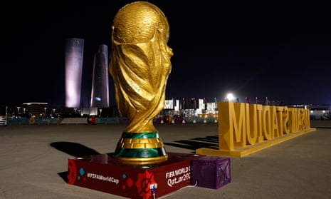 A replica World Cup trophy outside Lusail Stadium, near Doha, Qatar.