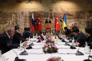 Turkey’s president Tayyip Erdogan addresses Russian and Ukrainian negotiators before their face-to-face talks.