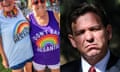 A side-by-side composite of, on the left, two older, smiling white women wearing purple rainbow shirts that say 'Don't say DeSantis', and on the right, a grumpy-looking Florida governor Ron DeSantis