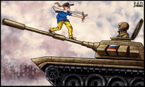 Ben Jennings cartoon, 28/2/22: child with catapult takes aim at soldier in tank