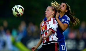 Sunderland’s Beth Mead is challenged by Chelsea’s Claire Rafferty. Women’s Super League audiences are growing.