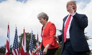 Donald Trump and Theresa May at Chequers, with union jacks and stars and stripes in background