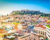 Skyline of Athens with Moanstiraki square and Acropolis hill, Athens Greece