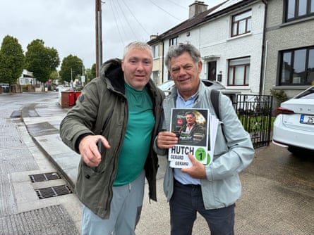 Gerry Hutch, right, with a supporter, during a canvas in the Dublin Central byelection.