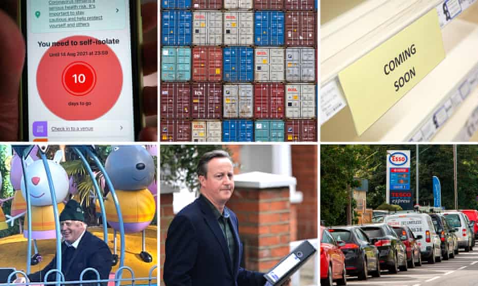 Clockwise: The NHS tracing app, stranded cargo containers, empty shop shelves, queues for petrol, David Cameron giving evidence on Greensill and Boris Johnson enjoying Peppa Pig World.
