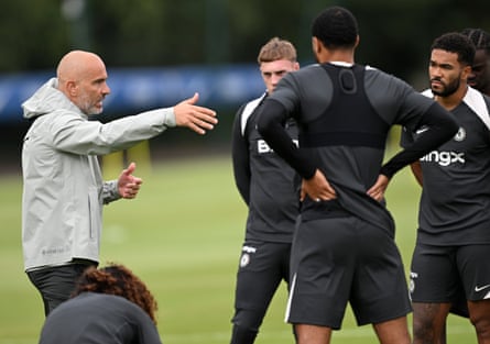 The Chelsea caput coach, Enzo Maresca, during a training convention astatine Cobham.