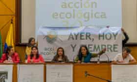 Acción Ecológica representatives speak in Quito yesterday before formally submitting their responses to the government’s accusations.