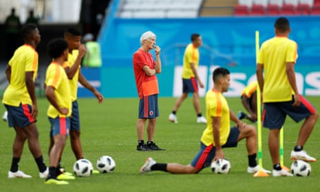 José Pekerman leads Colombia training in Kazan, where his side will be in dire need of a win against Poland.