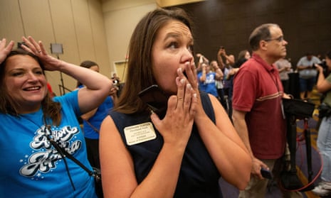 State representative Stephanie Clayton (D-Overland Park) reacts to the news that voters supported reproductive rights. 