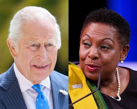 King Charles III in Lancaster and Olivia Grange, Jamaica minister of culture, gender, entertainment and sport.