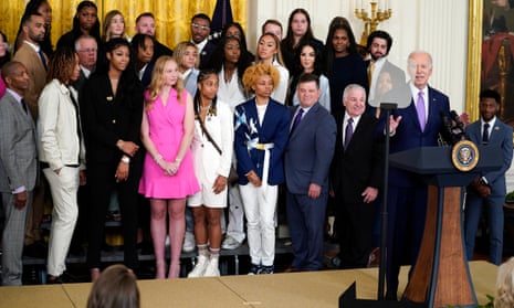 Joe Biden speaks during an event to honor the Louisiana State University women’s basketball team, before someone collapsed onstage.