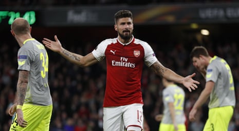 Arsenal’s Olivier Giroud reacts after his miss.