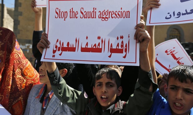 Yemenis protest at Saudi-led military operations.