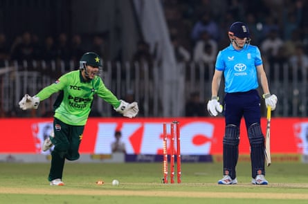 Harry Brook is bowled as Pakistan’s fielder celebrates beside the broken stumps