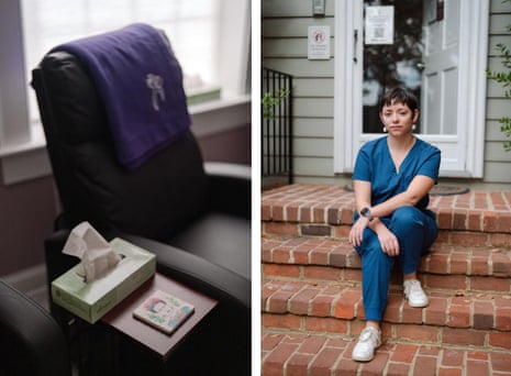 Left: The post-procedure recovery area at Whole Woman’s Health. Right: Emma, a staff member at the clinic.