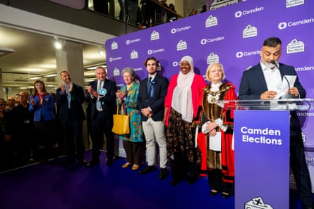 Candidates on stage as the declaration is made in the Holborn and St Pancras byelection.