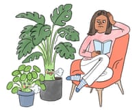 A frowning woman reads in an armchair beside two houseplants blowing air from their faces