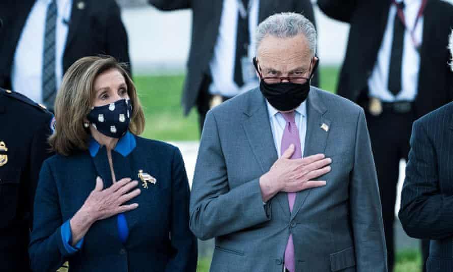 Nancy Pelosi and Chuck Schumer taking part in a ceremony to honor US Capitol Police officer William Evans, killed in at attack in Washington, DC, earlier this month.