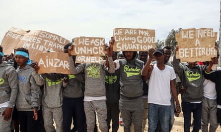 Demonstrators during the visit of the UN secretary-general, António Guterres, to Ain Zara migrant detention centre in Tripoli, Libya.