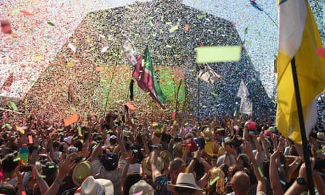 Crowds watch Kylie perform at last year’s Glastonbury festival.