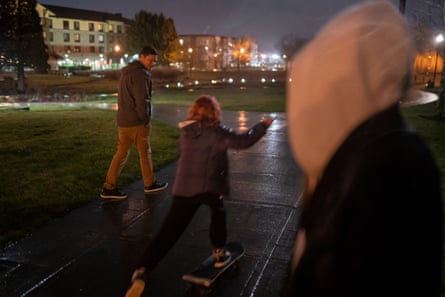 Sergey Korenev spends an hour skateboarding with his daughters before leaving for Ukraine.