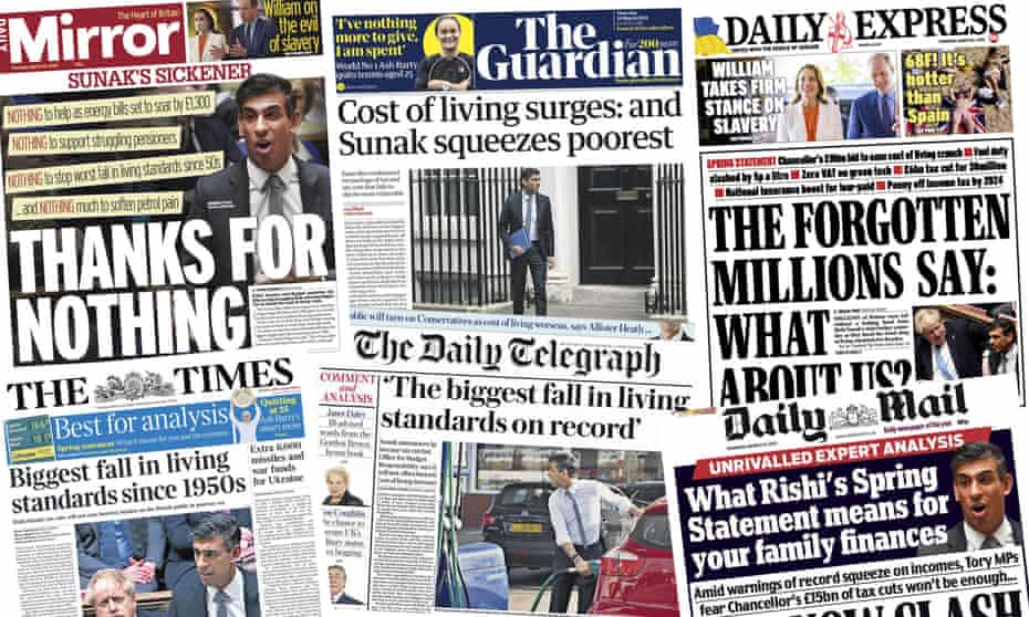 How some of the papers covered Rishi Sunak’s spring statement on Thursday.  