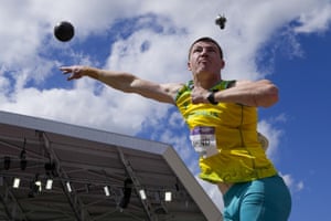 Alec Diamond of Australia throws in the decathlon shot put.