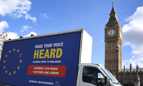 A van promoting an anti-Brexit rally drives past parliament